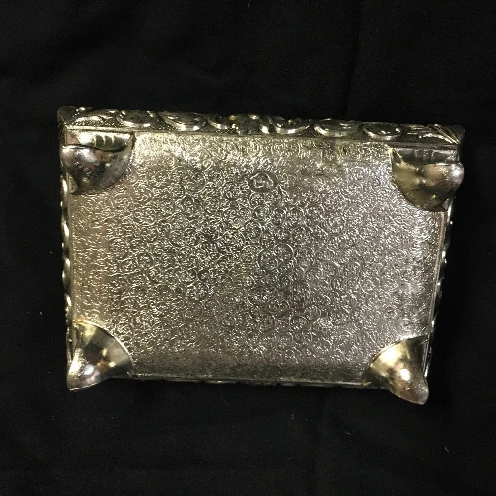 VTG Footed Metal Jewelry Trinket Box Silver Tone Filigree Red Velvet Lined Japan